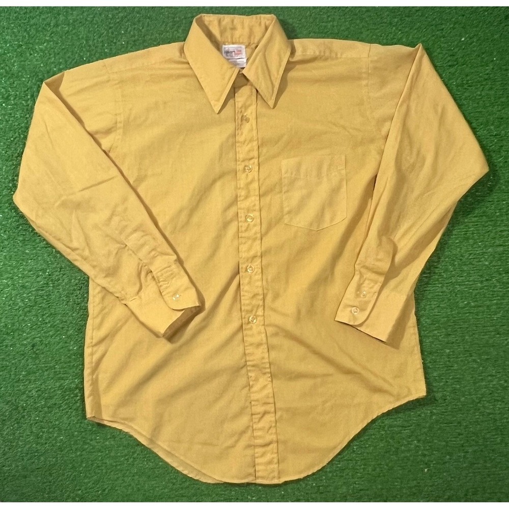VTG 1970s Western Shirt LG (16-33) Golden Butter Yellow Dagger Collar Disco EUC